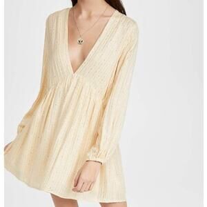 Yellow Sundress Plunging Mini Dress MEDIUM LARGE Gold Metallic Boho $295 NEW